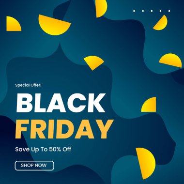 Kara Cuma Özel Teklifi% 50 indirimli. Cesur Typography and Vibrant Colors 'un yer aldığı heyecan verici bir Kara Cuma tanıtım afişi, yüzde 50 