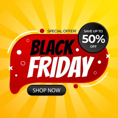 Kara Cuma Özel Teklifi% 50 indirimli. Cesur Typography and Vibrant Colors 'un yer aldığı heyecan verici bir Kara Cuma tanıtım afişi, yüzde 50 