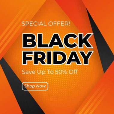 Kara Cuma Özel Teklifi% 50 indirimli. Cesur Typography and Vibrant Colors 'un yer aldığı heyecan verici bir Kara Cuma tanıtım afişi, yüzde 50 