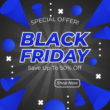 Kara Cuma Özel Teklifi% 50 indirimli. Cesur Typography and Vibrant Colors 'un yer aldığı heyecan verici bir Kara Cuma tanıtım afişi, yüzde 50 