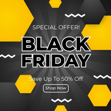 Kara Cuma Özel Teklifi% 50 indirimli. Cesur Typography and Vibrant Colors 'un yer aldığı heyecan verici bir Kara Cuma tanıtım afişi, yüzde 50 