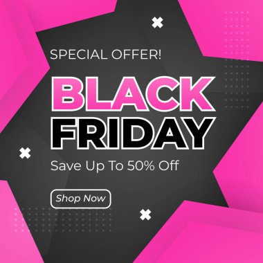 Kara Cuma Özel Teklifi% 50 indirimli. Cesur Typography and Vibrant Colors 'un yer aldığı heyecan verici bir Kara Cuma tanıtım afişi, yüzde 50 