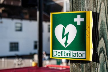 Epsom, Surrey, London UK, February 19 2023, Portable High Street Defibrillator First Aid Rescue Equipment CLose UP With No People