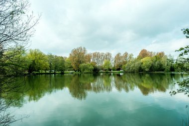 Gri bulutlu bir gökyüzünün altında sakin sulara yansıyan ağaçlarla çevrili balık gölü