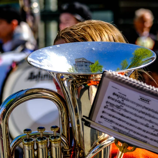 stock image Sandnes, Norway, May 17 2023, Teenage Girls Marching Band Brass And Wind Section Sandnes Independence Day