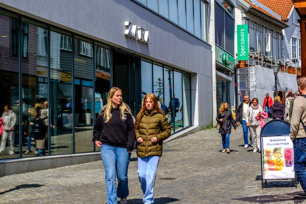 stock image Stavanger, Rogaland, Norway, May 19 2023, Groups Of People Walking And Shopping On Retail High Street Downtown Stavanger