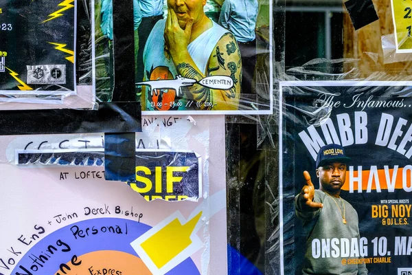 stock image Stavanger, Rogaland, Norway, May 19 2023, Cropped Shot Of Empty Shop Window Posters Advertising Entertainment Events With No People