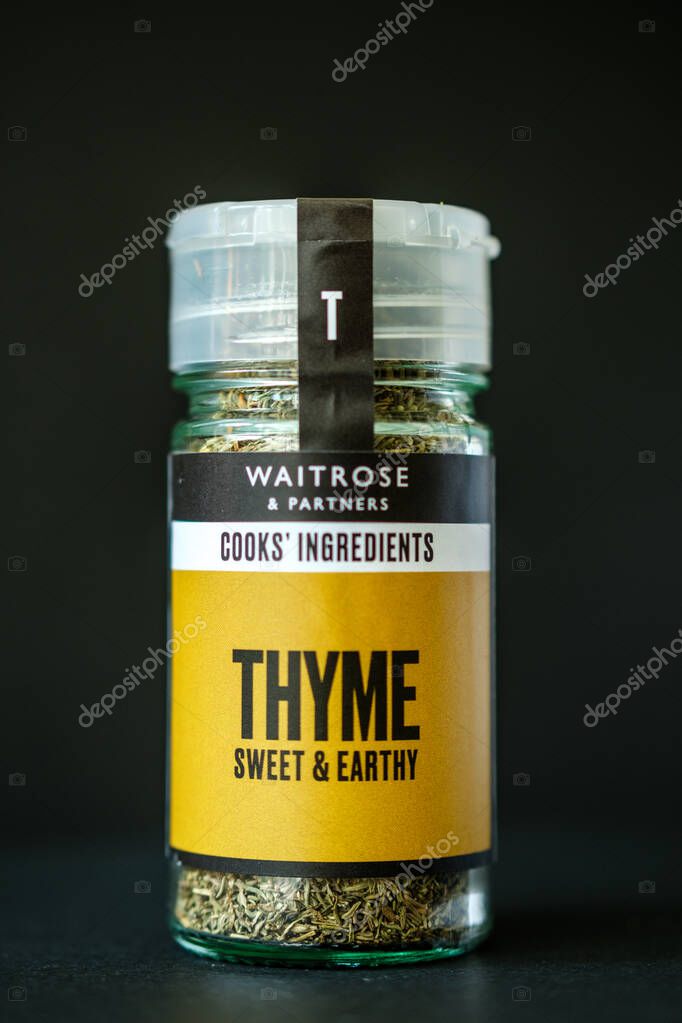 London UK, April 27 2025, Jar of Waitrose Dried Cooking Thyme Herbs