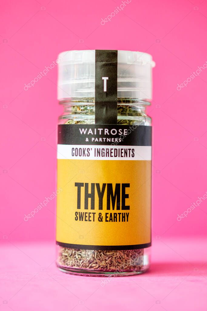 London UK, April 27 2025, Jar of Waitrose Dried Cooking Thyme Herbs