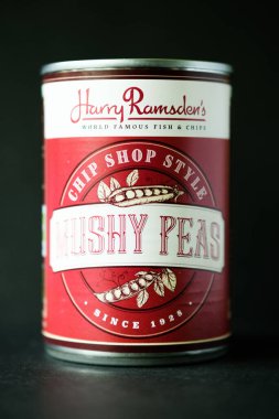 London UK, Mayıs 04 2025, Can of Harry Ramsdens Hip Shop Mushy Peas