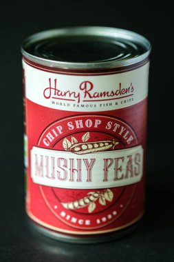 London UK, Mayıs 04 2025, Can of Harry Ramsdens Hip Shop Mushy Peas