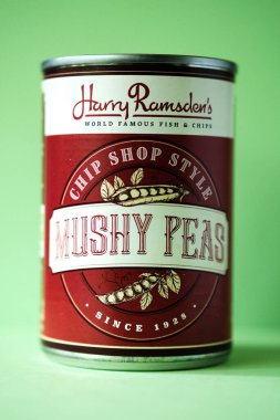 London UK, Mayıs 04 2025, Can of Harry Ramsdens Hip Shop Mushy Peas