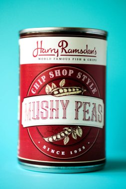 London UK, Mayıs 04 2025, Can of Harry Ramsdens Hip Shop Mushy Peas