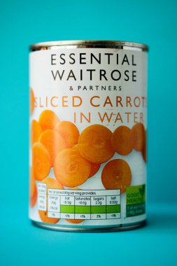 Londra İngiltere, 10 Mayıs 2025, Can of Esnecessary Waitrose Dilimlenmiş Havuç