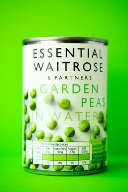 Londra İngiltere, 10 Mayıs 2025, Temel Waitrose Bezelye Konservesi