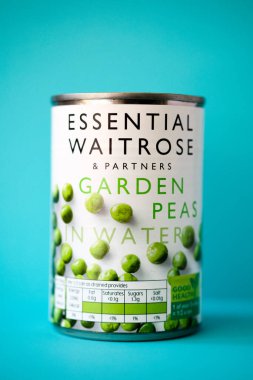 Londra İngiltere, 10 Mayıs 2025, Temel Waitrose Bezelye Konservesi