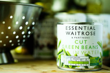 Londra İngiltere, 14 Mayıs 2025, Temel Waitrose Kesimi veya Dilimlenmiş Yeşil Fasulye Pişirme İçi