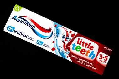 London UK, June23 2025, Boxed Tube Of Aquafresh Little Teeth Childrens Toothpaste