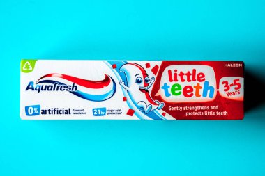London UK, June23 2025, Boxed Tube Of Aquafresh Little Teeth Childrens Toothpaste