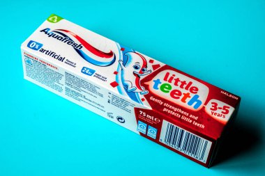 London UK, June23 2025, Boxed Tube Of Aquafresh Little Teeth Childrens Toothpaste