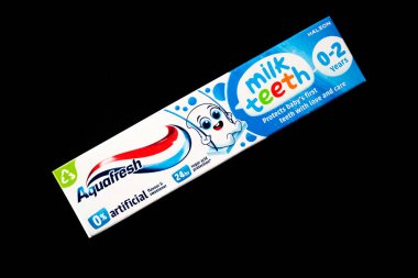 London UK, June23 2025, Boxed Tube Of Aquafresh Milk Teeth Toothpaste For Babys