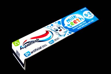 London UK, June23 2025, Boxed Tube Of Aquafresh Milk Teeth Toothpaste For Babys