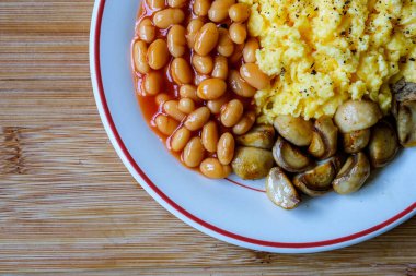 Londra 25 Haziran 2025, Çırpılmış Yumurta Kızarmış Mantar Fırında Fasulye ve Domates Sosu