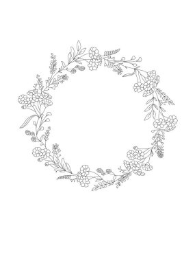 Çiçek çerçevesi. Botanik klip sanatı. Yaban çiçekleri şüpheci çelenk. Çizgi çizilmiş yapraklar ve dallar çerçeveler