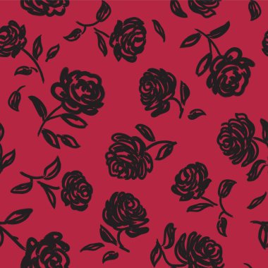 Gül desenli kusursuz çiçek arkaplanı. Kırmızı üzerine siyah soyut güller.