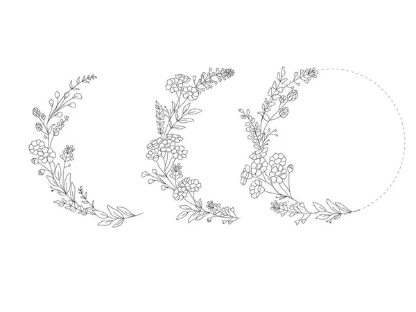 Botanické Klipy Wildflowers Wreath Skethc Čáry Kreslených Listů Rámců Větví — Stockový vektor