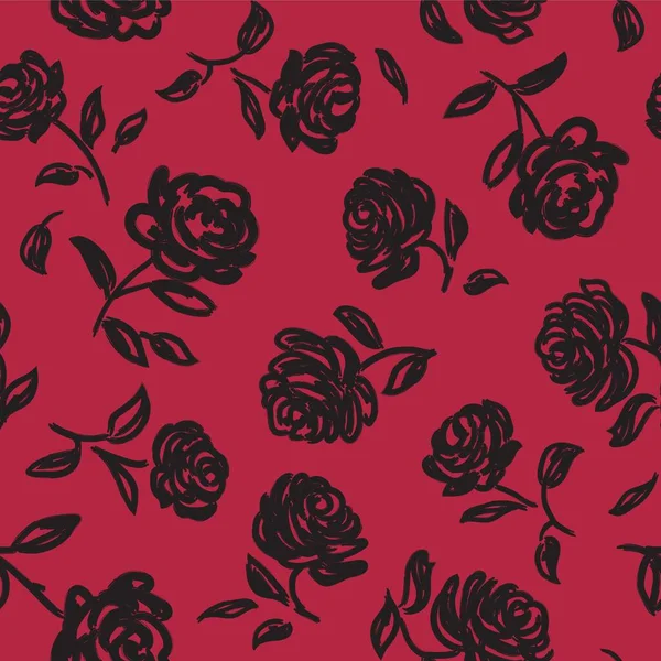 Zökkenőmentes Virágos Háttér Rózsákkal Fekete Elvont Rózsa Piros — Stock Vector
