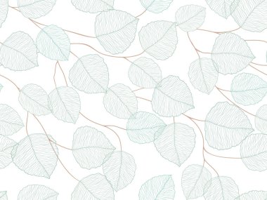 seamless white abstract  floral background with green  leaves. Thin lines are drawn with a pencil. Vector floral pattern.