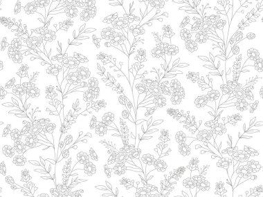 Seamless floral pattern.  Botanical clip art. Wildflowers wreath skethc.Vector line drawn leaves and flowers branches.Vector blue and white flowers.  clipart