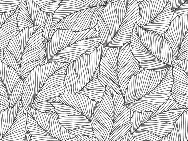 İnce çizgilerle çizilmiş yapraklarla kusursuz ve soyut bir arka plan. Siyah yapraklı beyaz arkaplan, tek renk. Vektör çiçek deseni