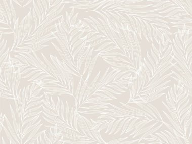 İnce çizgilerle çizilmiş yapraklarla kusursuz ve soyut bir arka plan. Beyaz yapraklı gri arkaplan, tek renk. Vektör çiçek desenli.