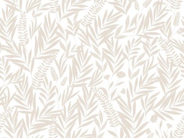 Kusursuz yapraklı çiçeksiz bir arka plan. Elle çizilmiş minimum soyut organik şekiller. Gri yaprakları ve çiçekleri olan beyaz vektör deseni.