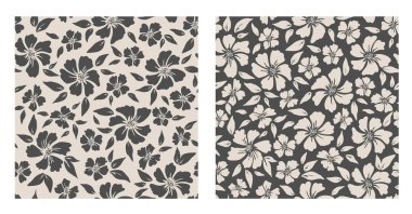 Kusursuz siyah ve gri yapraklı çiçek arkaplanı. Elle çizilmiş minimum soyut organik şekiller. Gri yaprakları ve çiçekleri olan koyu renk bir desen..