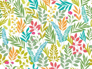 Kusursuz yapraklı parlak çiçek arkaplanı. Elle çizilmiş minimum soyut organik şekiller. Renkli yaprakları ve çiçekleri olan vektör beyaz soyut desen.