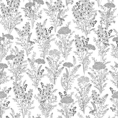 Yabani çiçek buketlerinin kusursuz çiçek arkaplanı. Botanik klip sanatı. Yaban çiçekleri kuşkulu. Vektör Hattı yaprakları ve dalları çekti. Vektör çiçekleri. Çiçek dekoru.