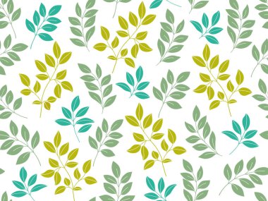 Kusursuz beyaz ve yaprakları olan yeşil çiçekli bir arka plan. Elle çizilmiş minimum soyut organik şekiller. Yeşil yapraklı ve çiçekli vektör beyaz soyut desen.