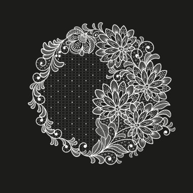 Yuvarlak dantel süsleme elementi. Beyaz dantel çiçekler. Çiçekli vektör el yapımı beyaz dantel dallar.. 