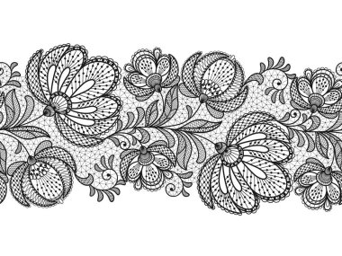 Siyah dantel çiçekli kusursuz çiçek arkaplanı. Vektör el yapımı, çiçekli siyah dantel dallar. Dantelli kurdele