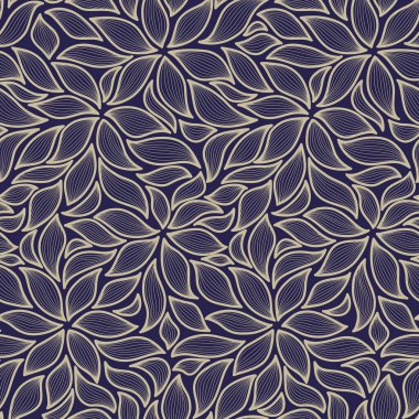 Kusursuz soyut koyu mavi ve altın çiçekli arka plan. El yapımı çizgi dizaynı. Duvar paneli dekorasyonu, kapak arkaplanı, duvar kağıdı ve afiş için tasarım.