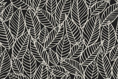 Kusursuz gri ve yapraklı siyah çiçekli bir arka plan. Elle çizilmiş minimum soyut organik şekiller. Gri yapraklı vektör çekimser desen.