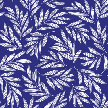 Kusursuz yapraklı, soyut çiçek arkaplanı. Mavi arka plan ve beyaz yapraklar. Vektör illüstrasyon deseni. 