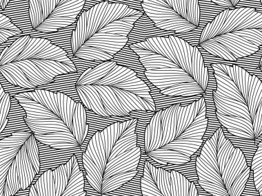 İnce çizgilerle çizilmiş yapraklarla kusursuz ve soyut bir arka plan. El yapımı siyah beyaz yapraklar, tek renk. Vektör çiçek deseni.