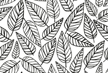 Kusursuz siyah ve beyaz yapraklı çiçek arkaplanı. Elle çizilmiş minimum soyut organik şekiller. Siyah yapraklı vektör kalıbı.