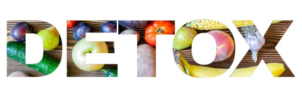 Palavra Desintoxicação Feita Frutas Vegetais Conceito Alimento Saudável Para Dieta — Fotografia de Stock