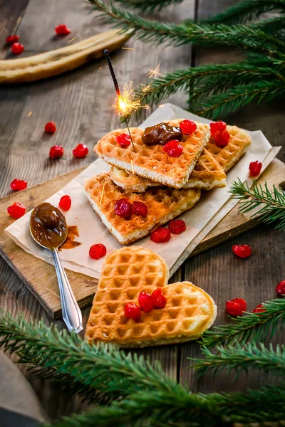 Homemade Belgian Waffles Heart Shaped Plate Colorful Red Sweet Cherry — Stock Fotó