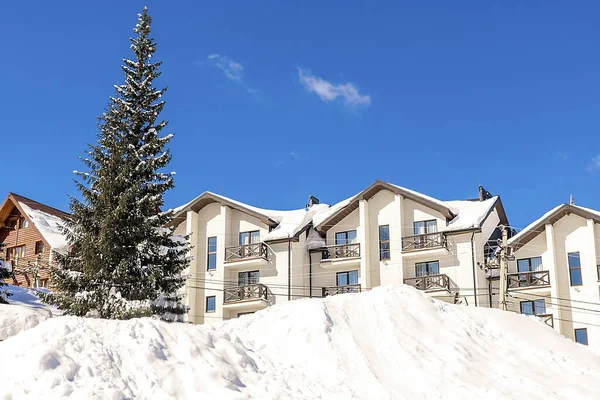 Luxusní Hotel Dům Zámek Pokrytý Sněhem Zimních Lesních Horách Zelené — Stock fotografie